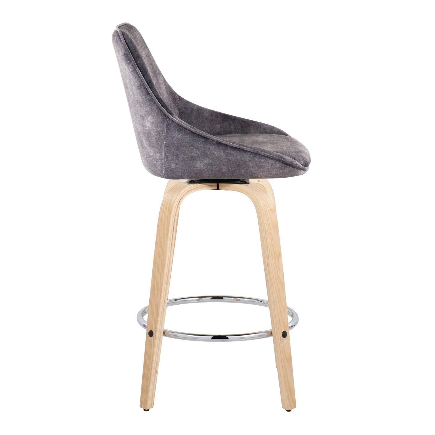 CieloVibe - Set of 2 - 24" Fixed-Height Counter Stools in Grey Velvet with Natural Wood Legs and Round Chrome Footrest