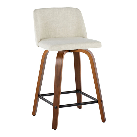 Ternithra - Set of 2 - 24" Mid-Century Modern Fixed-Height Counter Stools with Walnut Wood Frame, Cream Fabric Upholstery, and 360-Degree Swivel