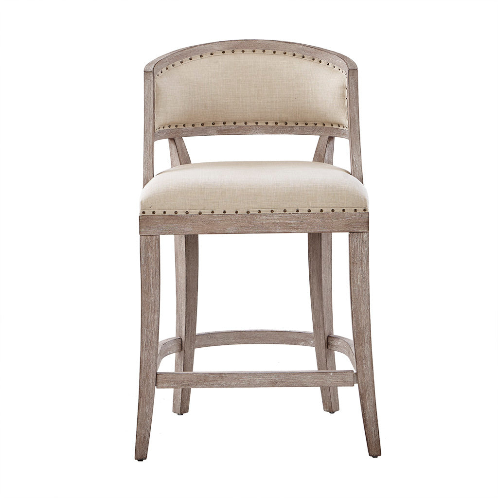 Tuscan - Set of 2 - 27" Counter Stools in Natural Polyester with Bronze Nailhead Trim and Reclaimed Biscuit Wood Legs