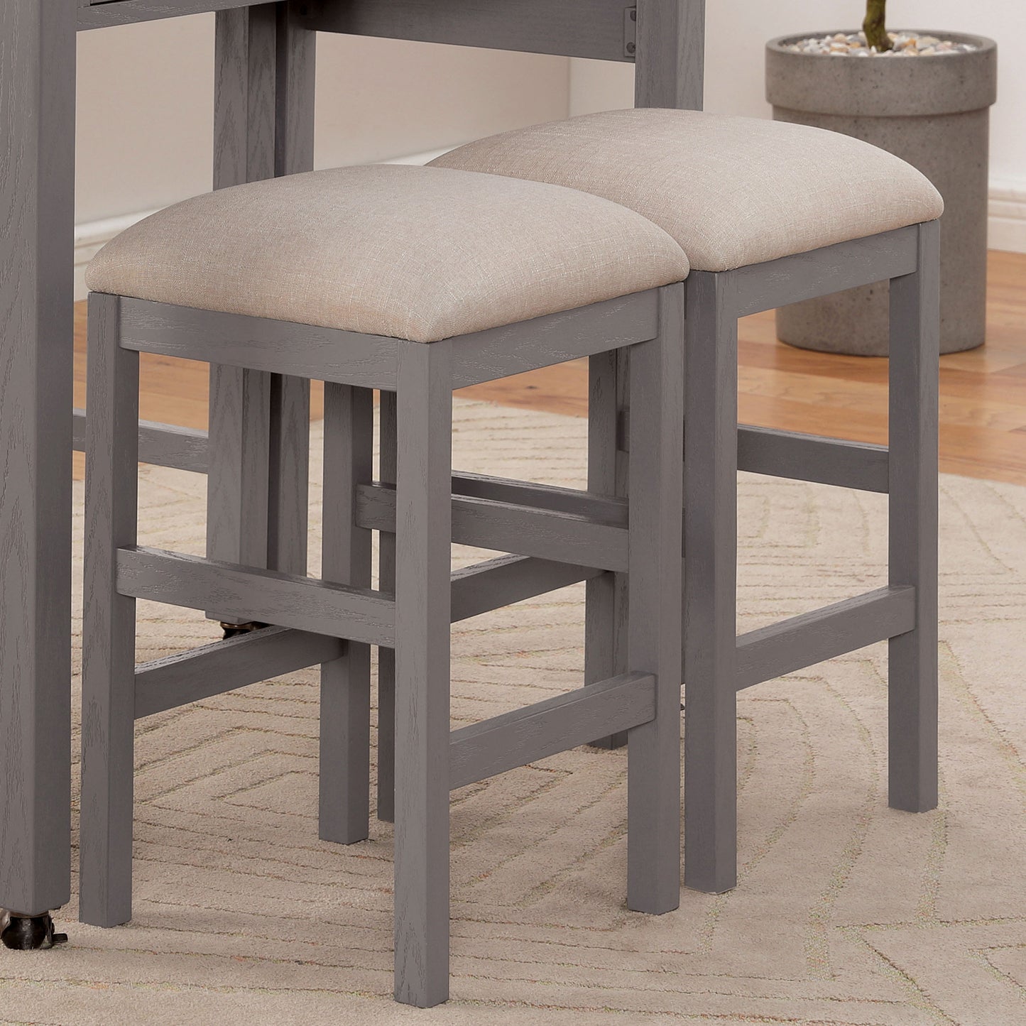 Zarneth - Set of 2 - 24" Light Gray Fabric Counter Stools with Beige Cushioned Seats and Solid Wood Base