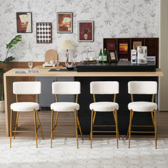 Malverith - Set of 4 - 24" Beige Modern Teddy Fabric Upholstered Bar Stools with Metal Base and High Back for Kitchen, Dining, and Living Rooms