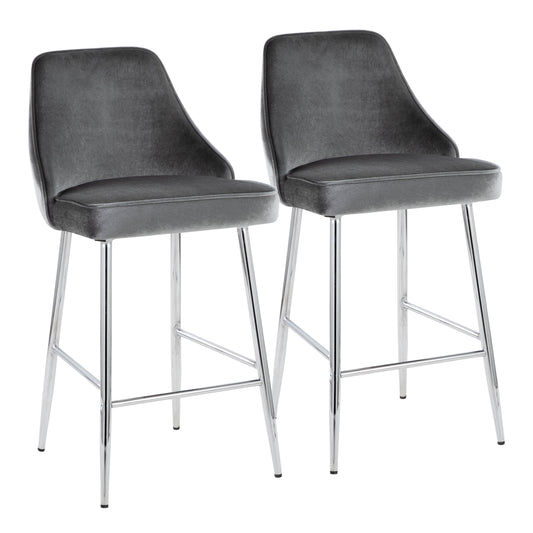 Marcelkt - Set of 2 -24" Blue Velvet Contemporary Fixed-Height Counter Stools with Chrome Tapered Legs