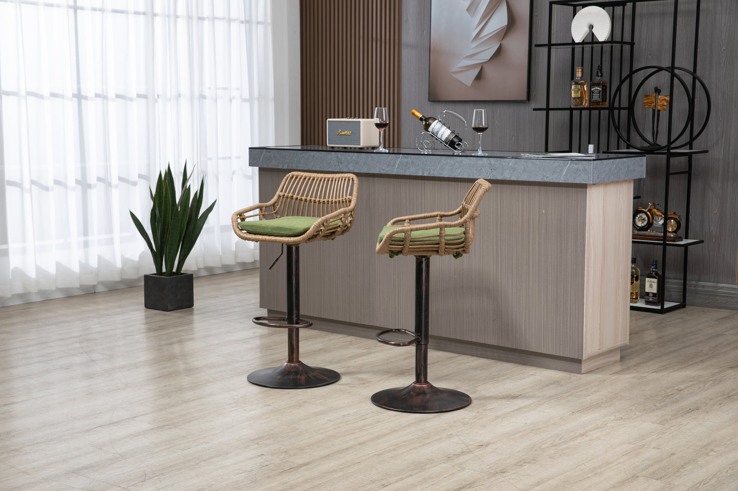 Ardelle - Set of 2 - 26" Adjustable Green Linen Swivel Bar Stools with Footrest, Metal & Rattan Base for Kitchen or Dining Room