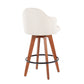 Talia - Set of 2 - 26" Cream Fabric Counter Stools with 360° Swivel, Walnut Bamboo Legs, and Round Black Metal Footrest