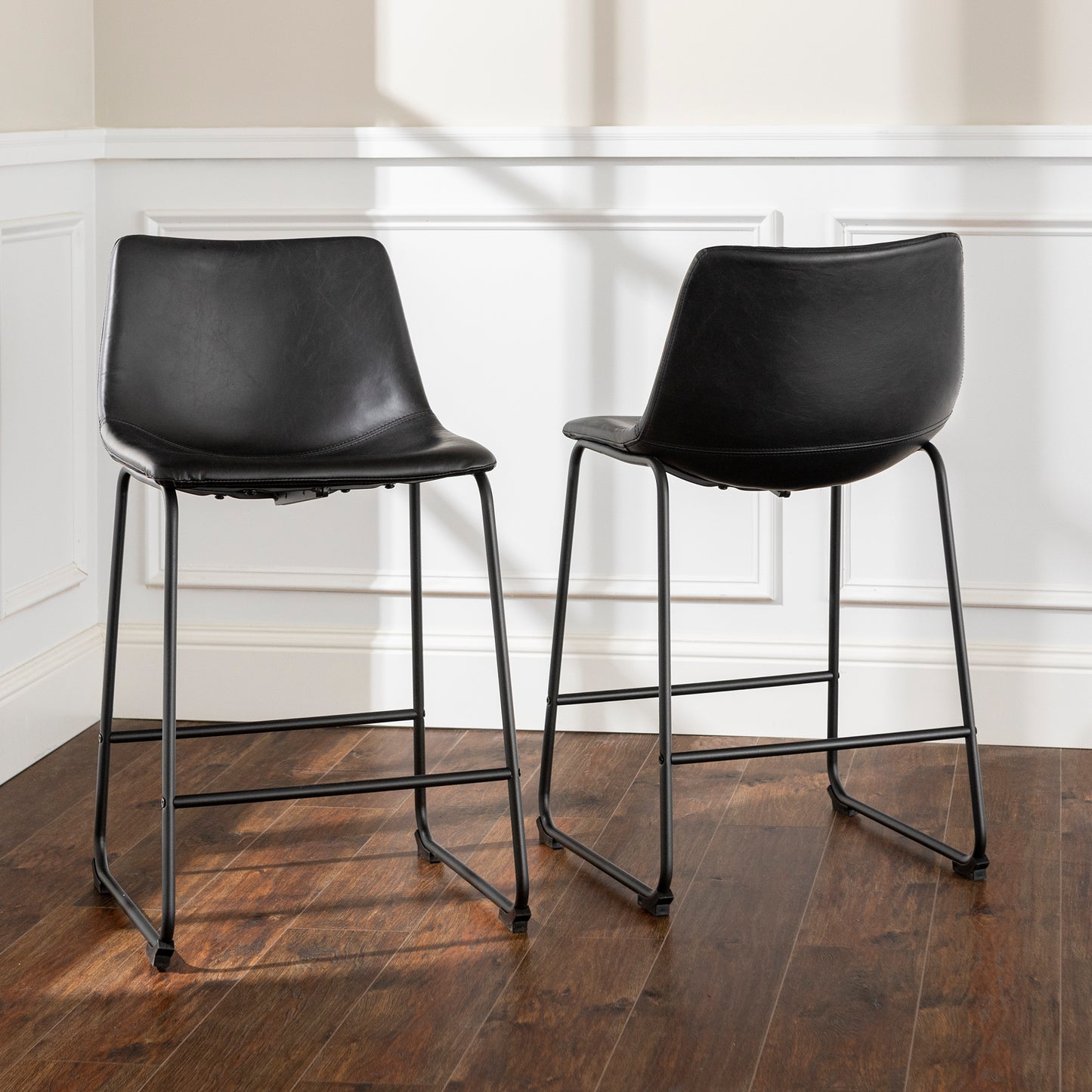 Larenzo - Set of 2 - 26" Black Faux Leather Counter Stools, High Backrest, Sturdy Metal Legs, Industrial Design