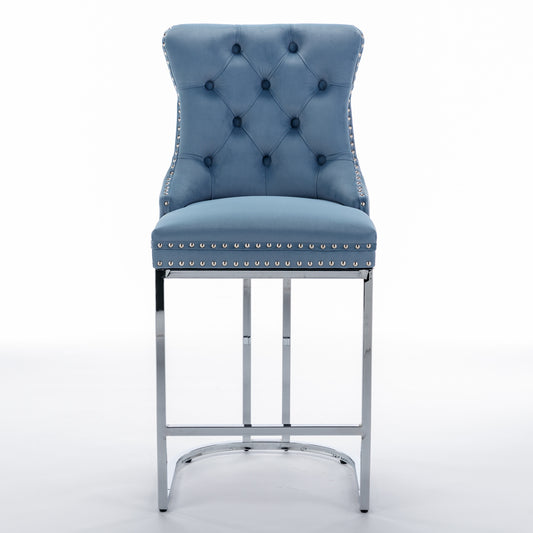 Salessa - Set of 2 - 26" Counter Height Light Blue Upholstered Kitchen Island Chairs with Button Tufted Back & Chrome Base