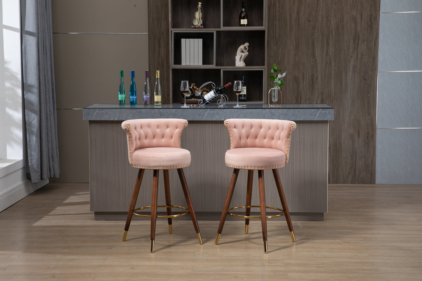 Viatora - Set of 2 - 27" Pink Swivel Solid Wood Bar Stools with High Back and Footrest