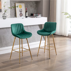 Intrin - Set of 2 - 26" Green Velvet Bar Stools with Chrome Footrest and Golden Legs