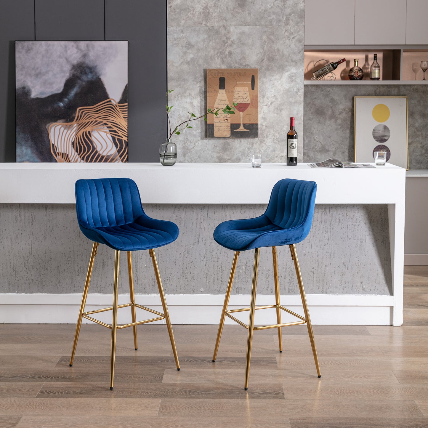 Havrynn - Set of 2 - 30" Blue Velvet Counter Stools with Golden Legs and Chrome Footrest, Modern Design