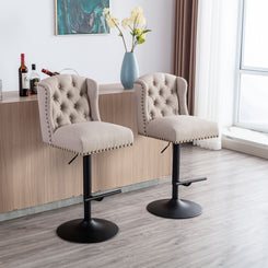 Norwood - Set of 2 - 27" Cream Adjustable Swivel Bar Stools with Wing Back Linen Upholstery and Black Metal Base