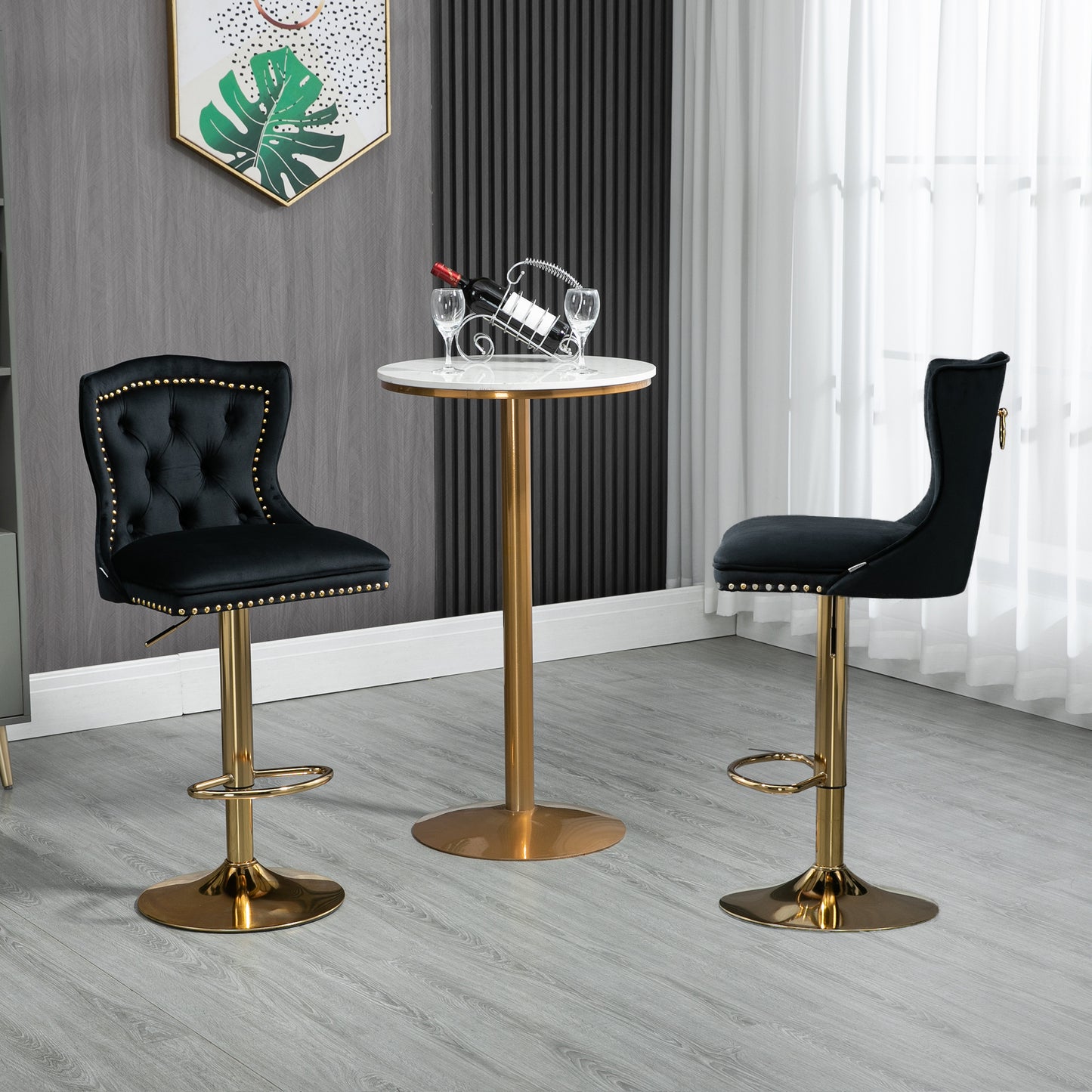 Hearthstone - Set of 2 - 26" Black Velvet Bar Stools with Back and Footrest, Adjustable Height