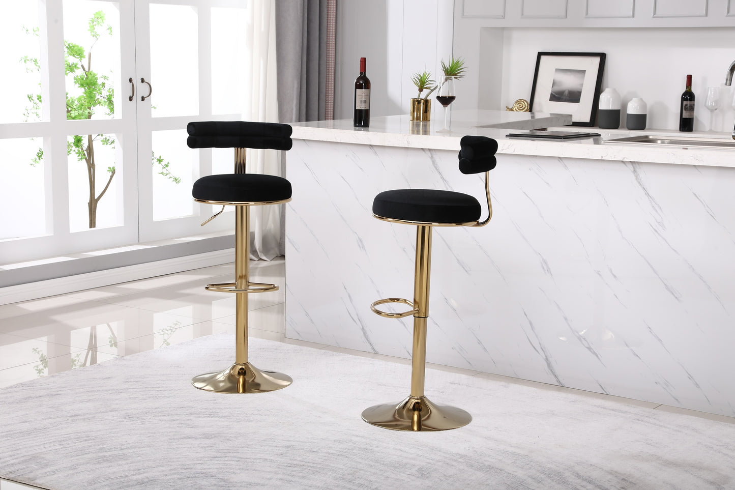 Hollis - Set of 2 - 26" Black Velvet Adjustable Counter & Bar Stools with Golden Iron Legs