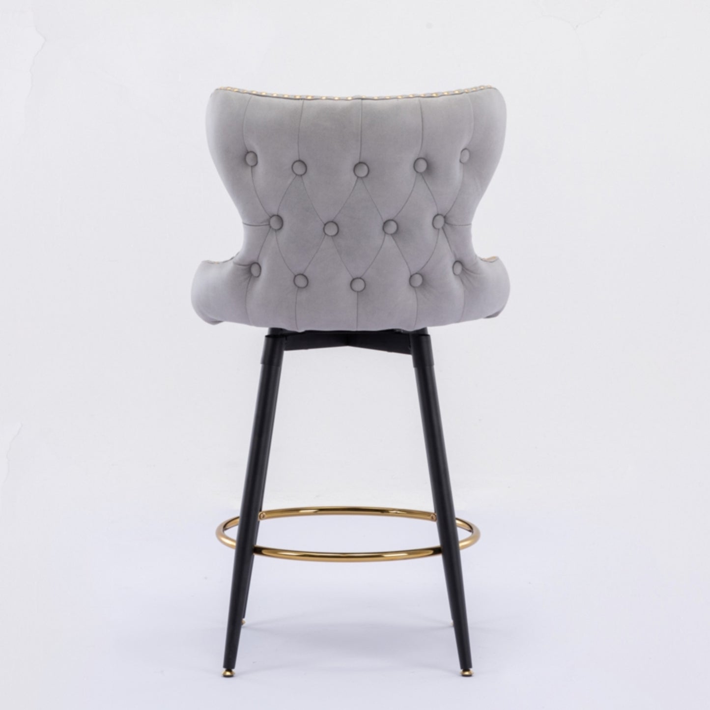 Amelia - Set of 2 – 25" Light Gray Counter Height Tufted Bar Stools with 180° Swivel, Gold Nailhead Trim, and Black Metal Legs