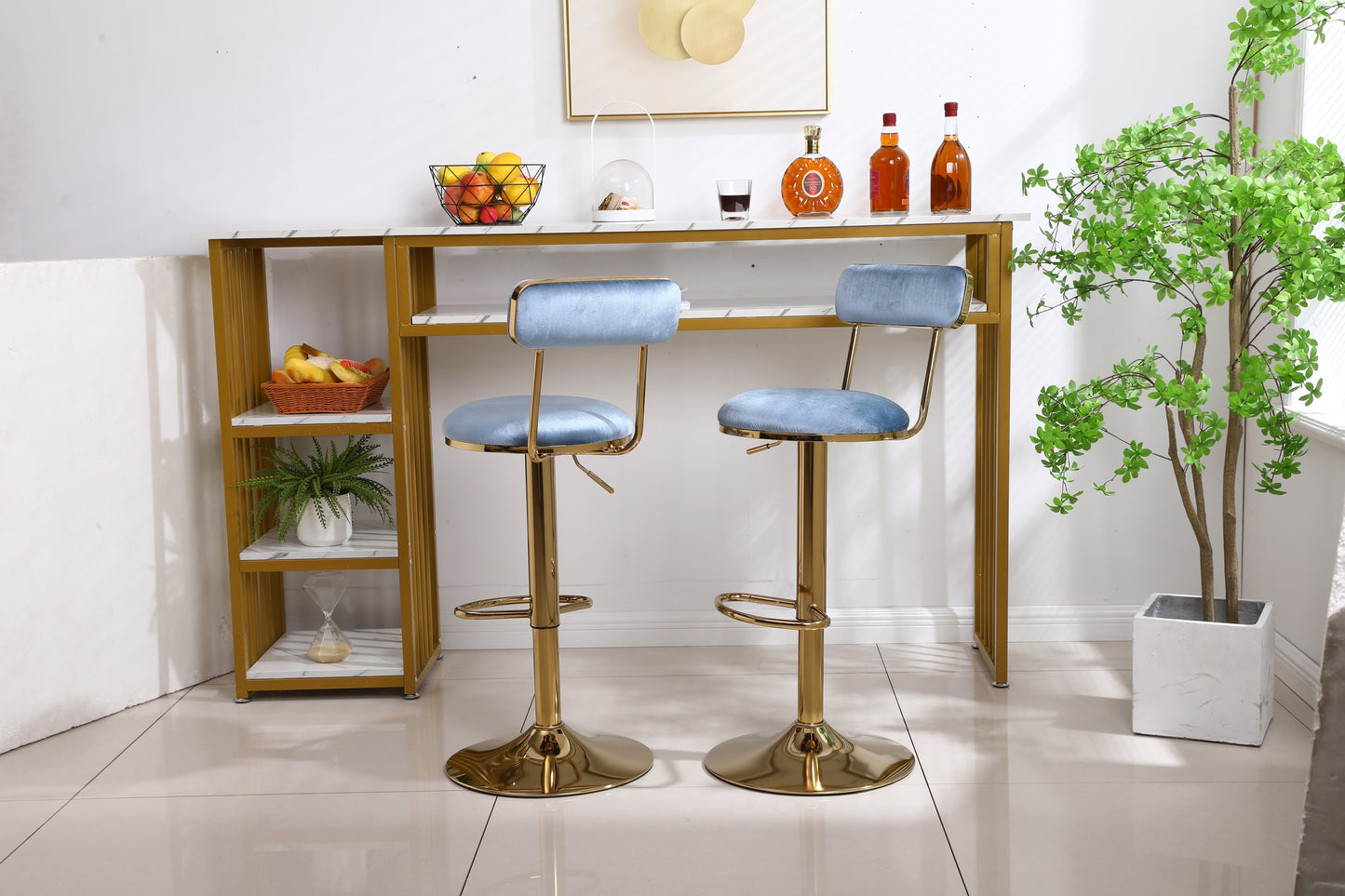 Imperia - Set of 2 - 24" to 30" Adjustable  Light Blue Velvet Bar Stools with Golden Steel Legs