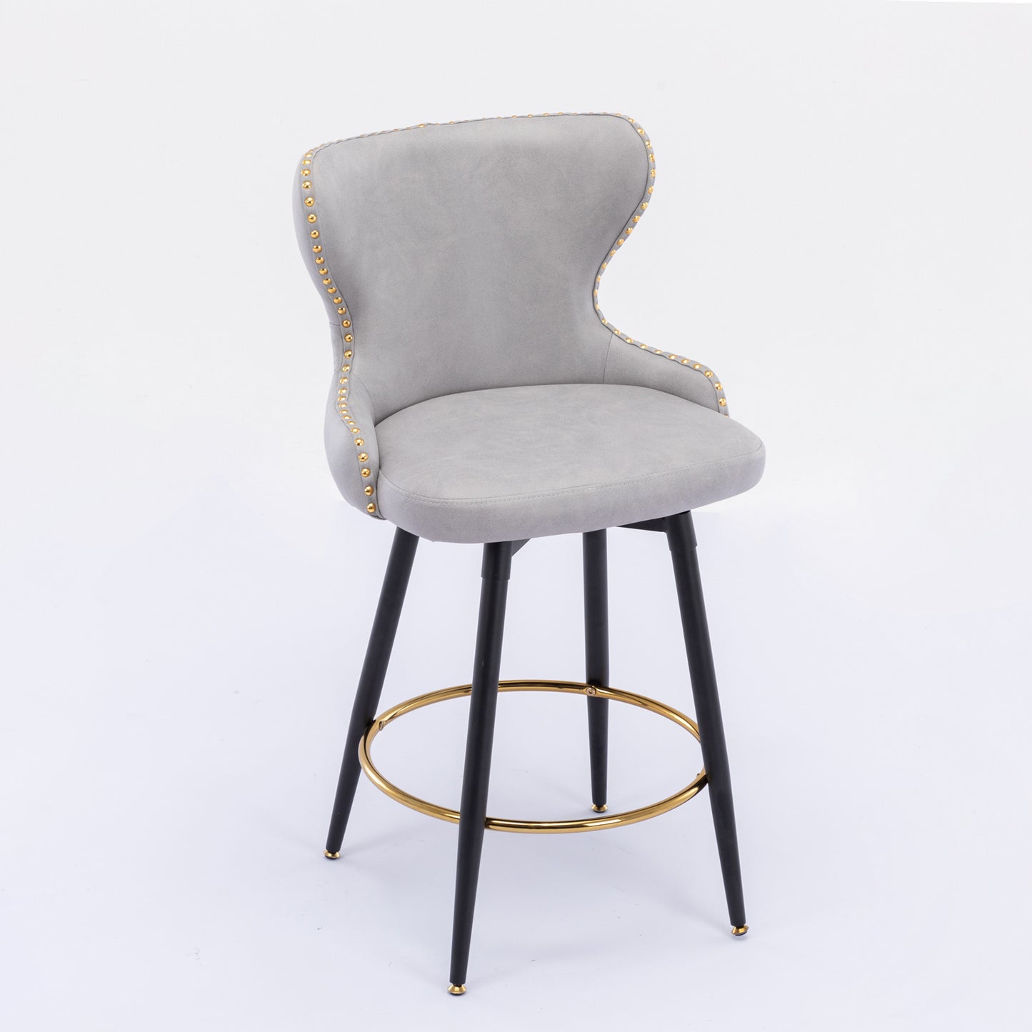 Amelia - Set of 2 – 25" Light Gray Counter Height Tufted Bar Stools with 180° Swivel, Gold Nailhead Trim, and Black Metal Legs