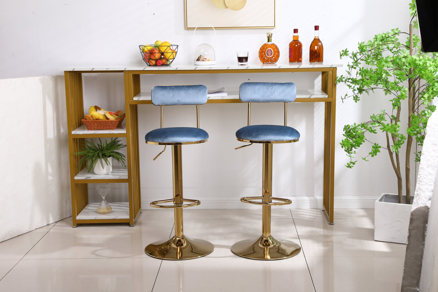 Imperia - Set of 2 - 24" to 30" Adjustable  Light Blue Velvet Bar Stools with Golden Steel Legs