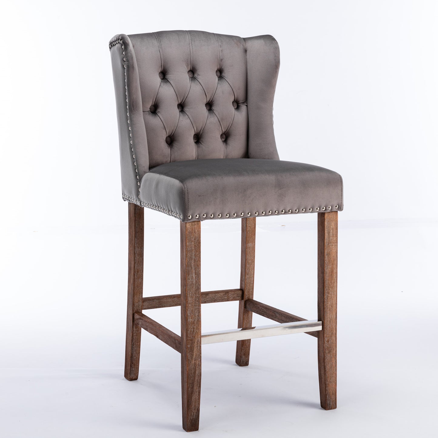 Bellamy - Set of 2 - 27" Grey Velvet Wingback Counter Stools with Nailhead Trim, Tufted Back, and Solid Wood Legs