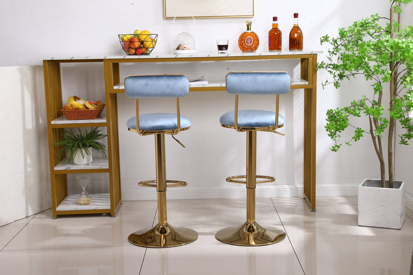 Imperia - Set of 2 - 24" to 30" Adjustable  Light Blue Velvet Bar Stools with Golden Steel Legs