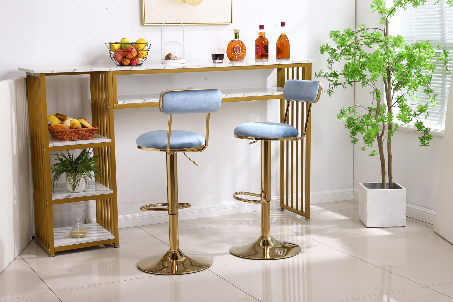 Imperia - Set of 2 - 24" to 30" Adjustable  Light Blue Velvet Bar Stools with Golden Steel Legs