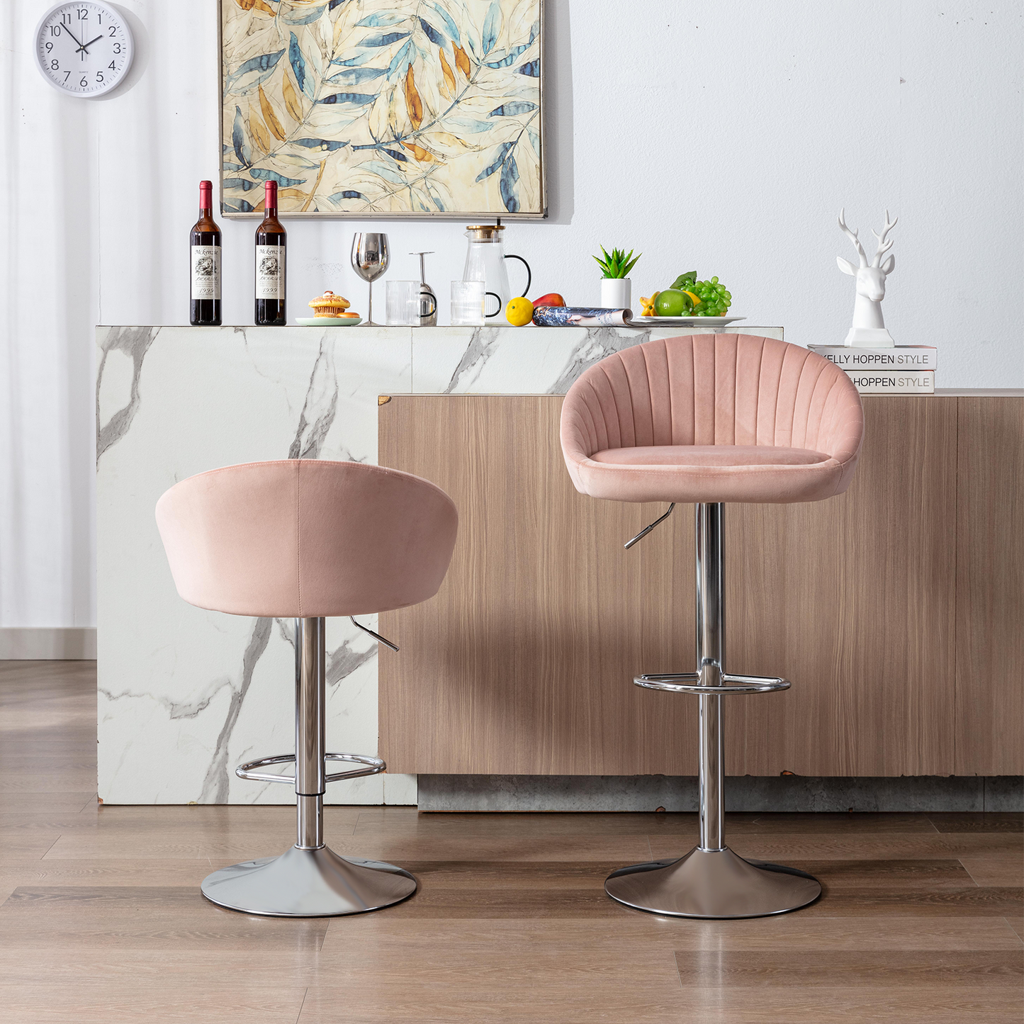 Haylen - Set of 2 - 30” Adjustable Pink Velvet Bar Stools with Backrest, Footrest, and 41.7” Height