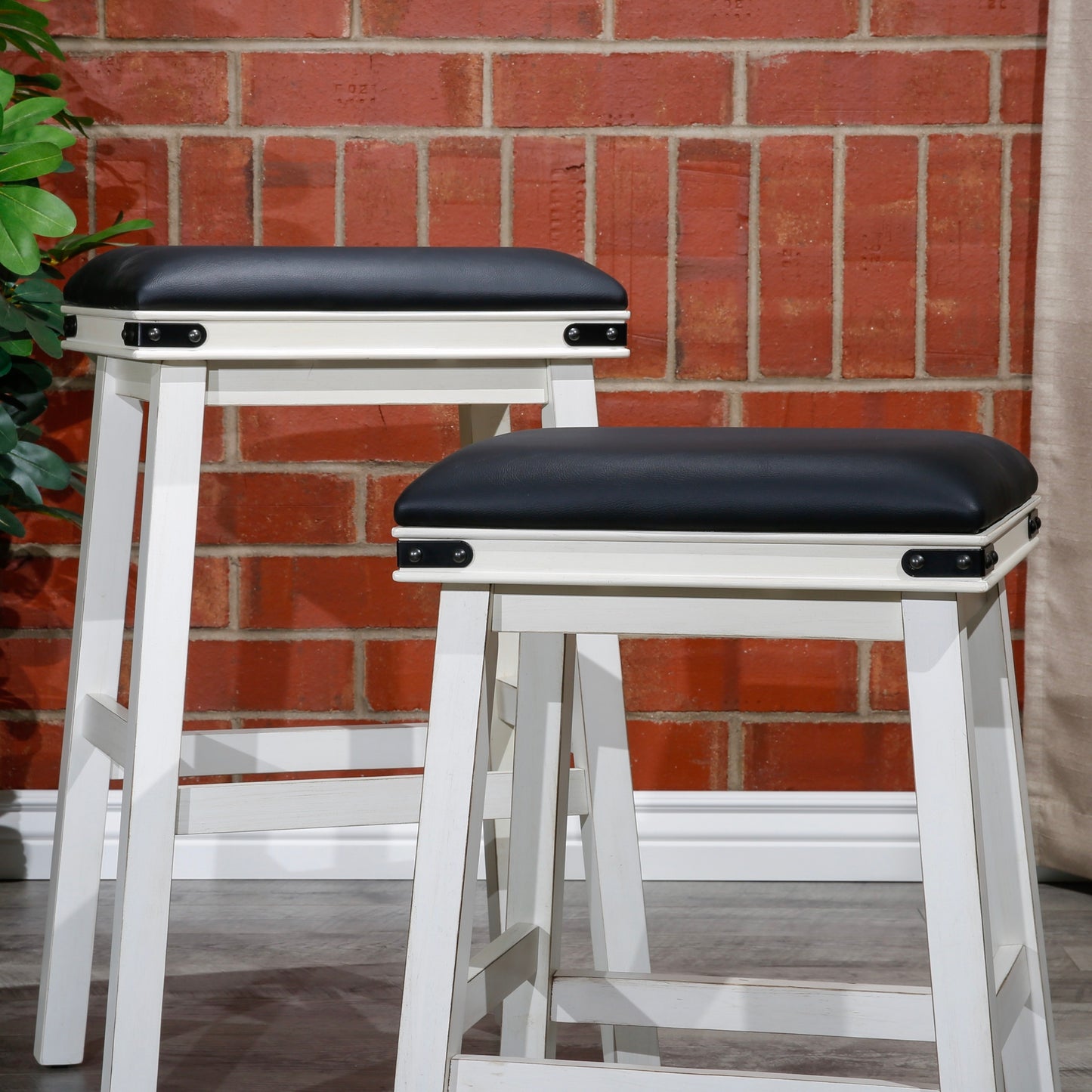 Siobhan - Set of 2 - 24" Antique White Counter Stools with Black Bonded Leather Seats