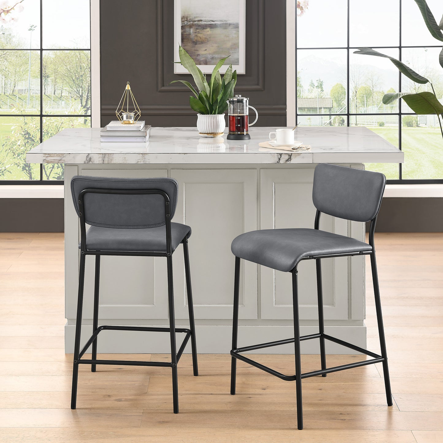 Kensington – Set of 2 – 25" Grey Faux Leather Counter Stools with Backrest, Footrest & Sturdy Metal Frame