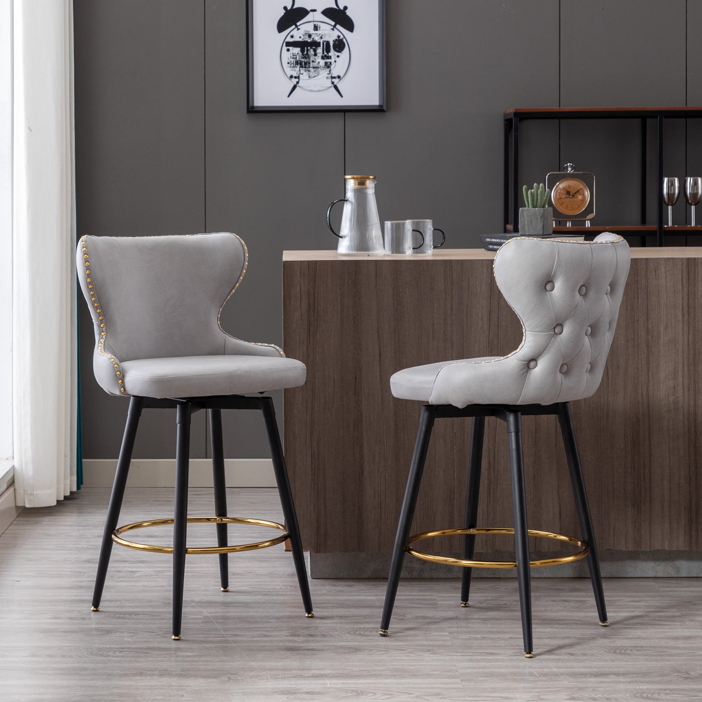 Amelia - Set of 2 – 25" Light Gray Counter Height Tufted Bar Stools with 180° Swivel, Gold Nailhead Trim, and Black Metal Legs