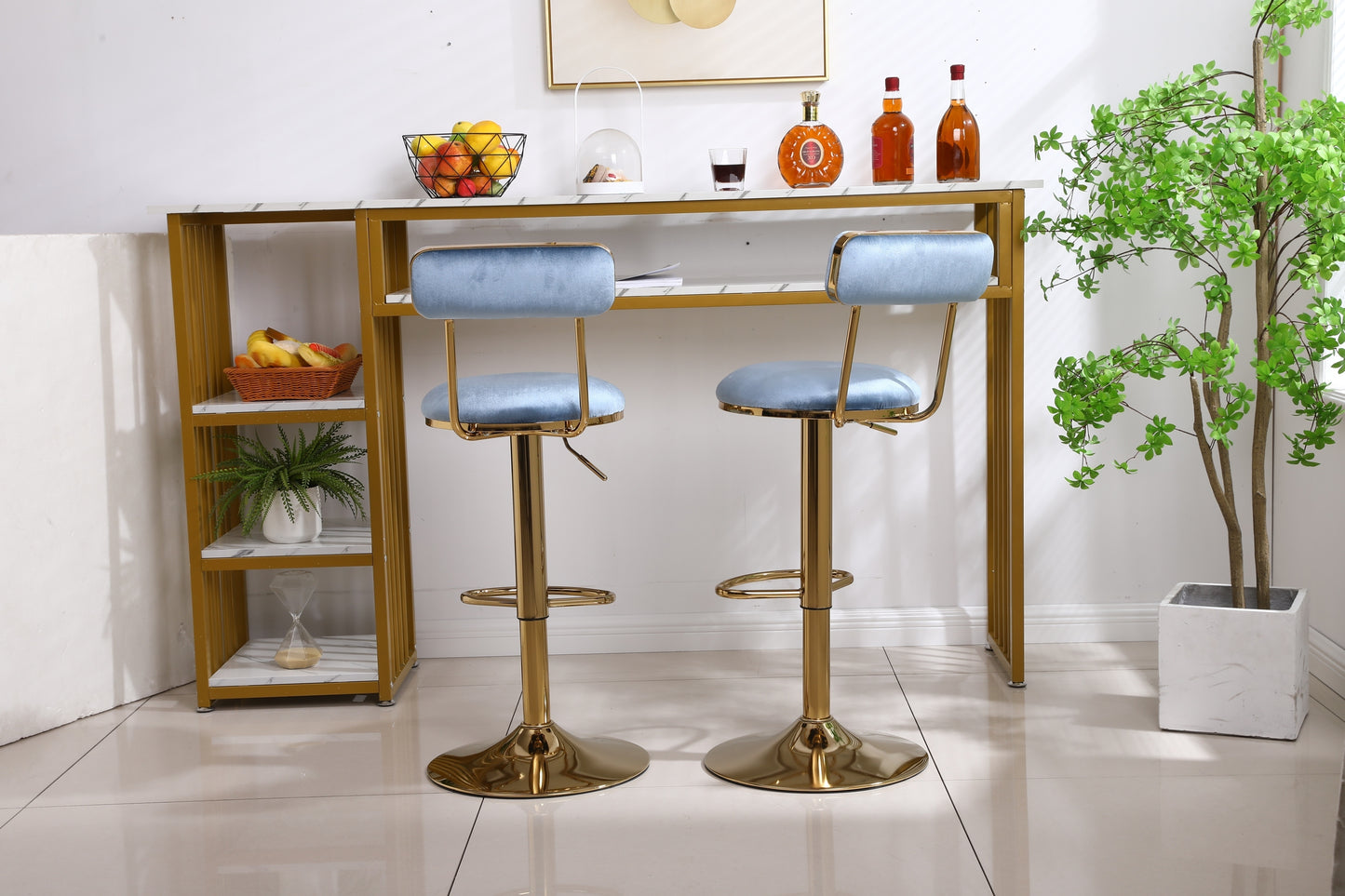 Imperia - Set of 2 - 24" to 30" Adjustable  Light Blue Velvet Bar Stools with Golden Steel Legs