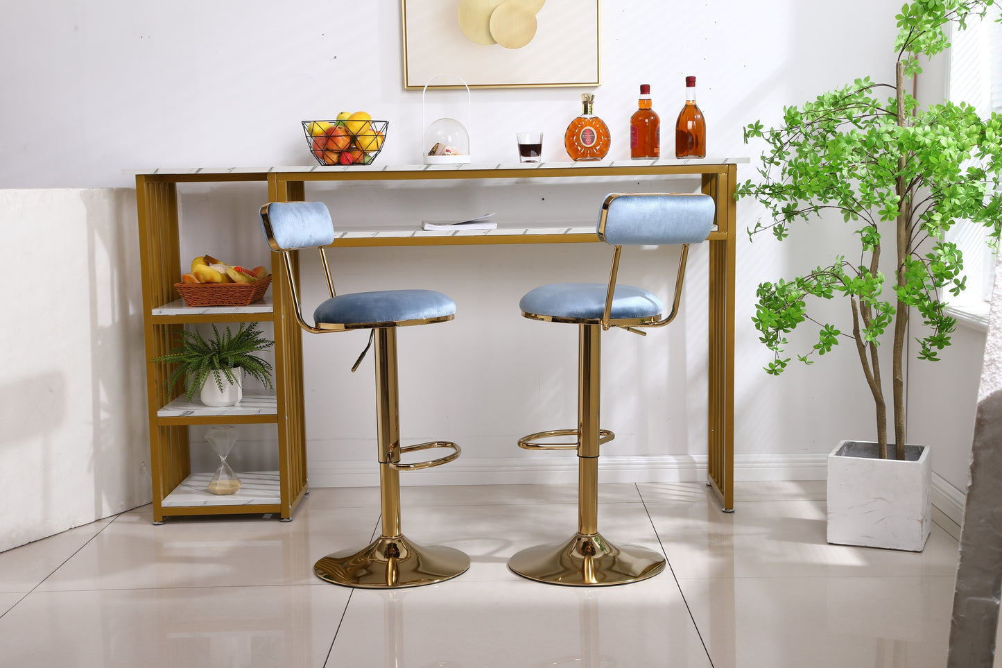 Imperia - Set of 2 - 24" to 30" Adjustable  Light Blue Velvet Bar Stools with Golden Steel Legs