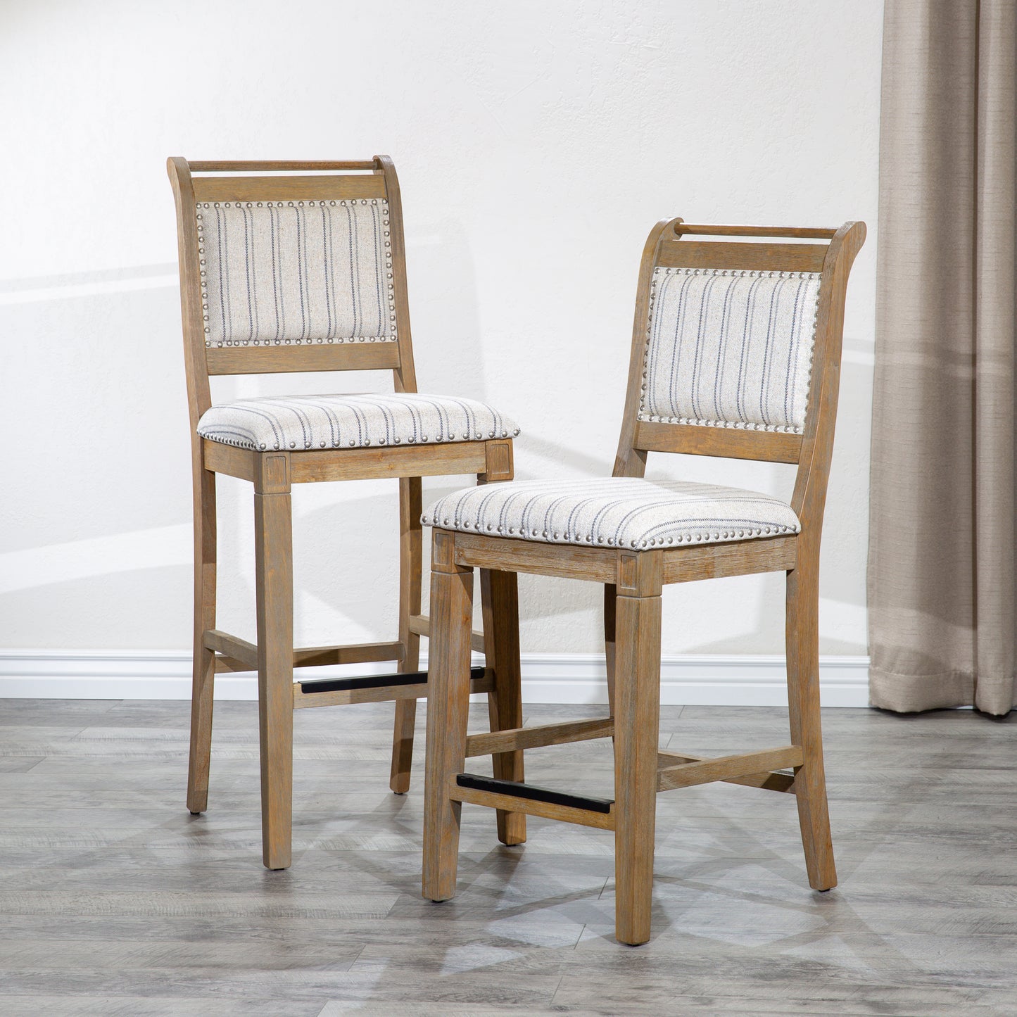 Santara - Set of 2 - 24" Rustic Counter Stools with Gray Wash Finish and Striped Upholstered Seat