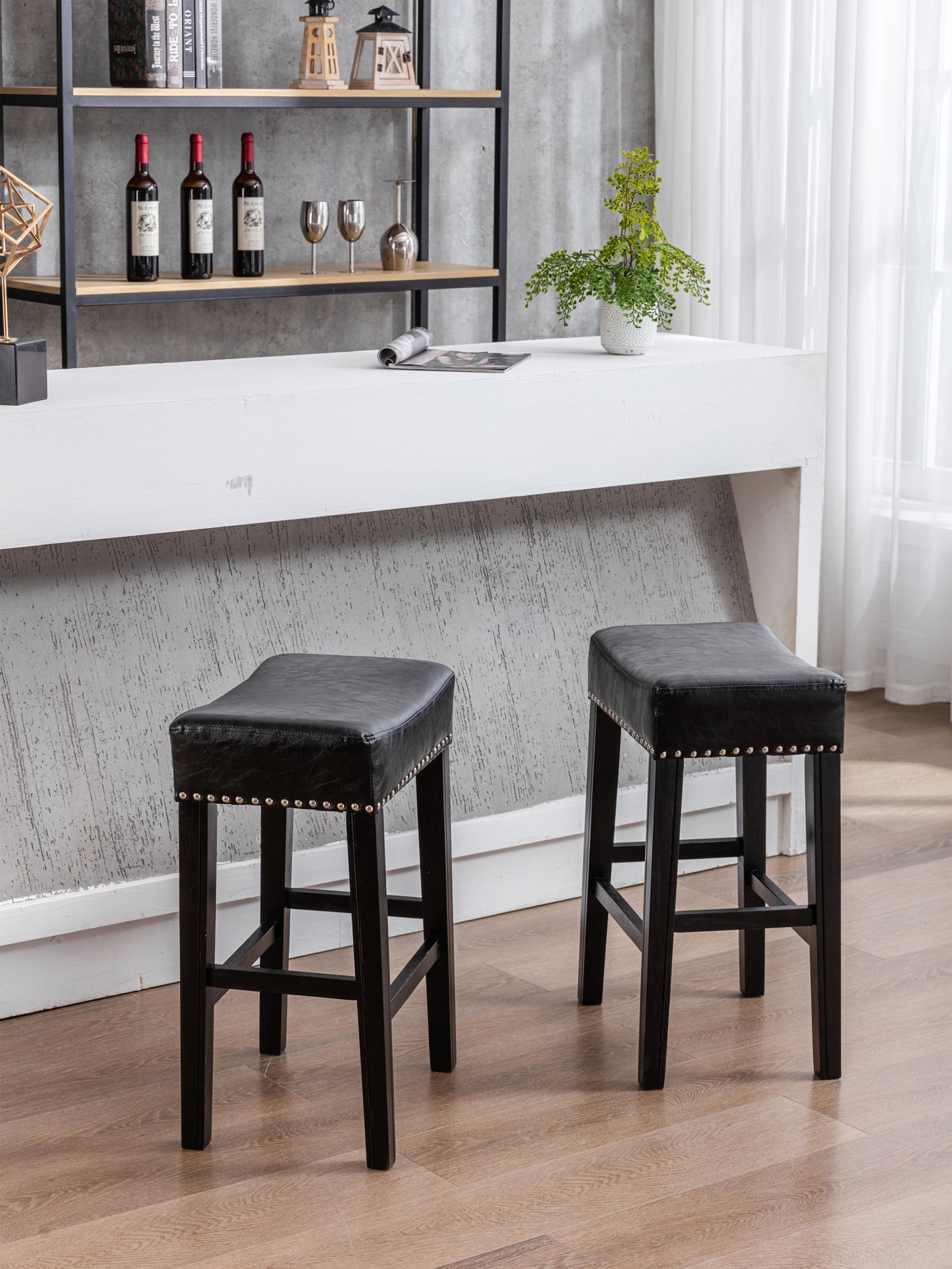 Moniler - Set of 2 - 26" Black Faux Leather Backless Bar Stools with Solid Wood Legs