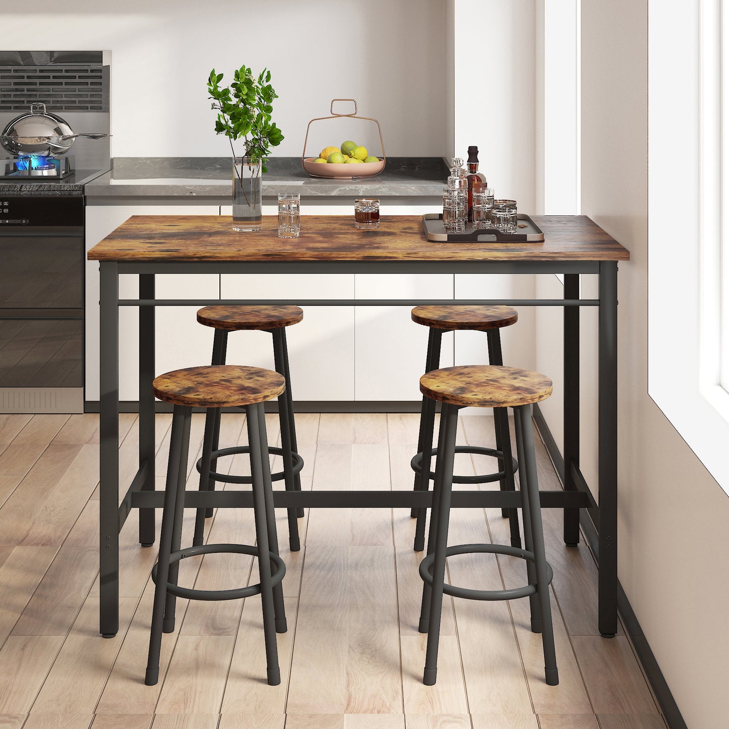 Humphrea - Set of 2 - 24" Rustic Brown Backless Counter Stools with Industrial Iron Frame for Modern Kitchens & Dining