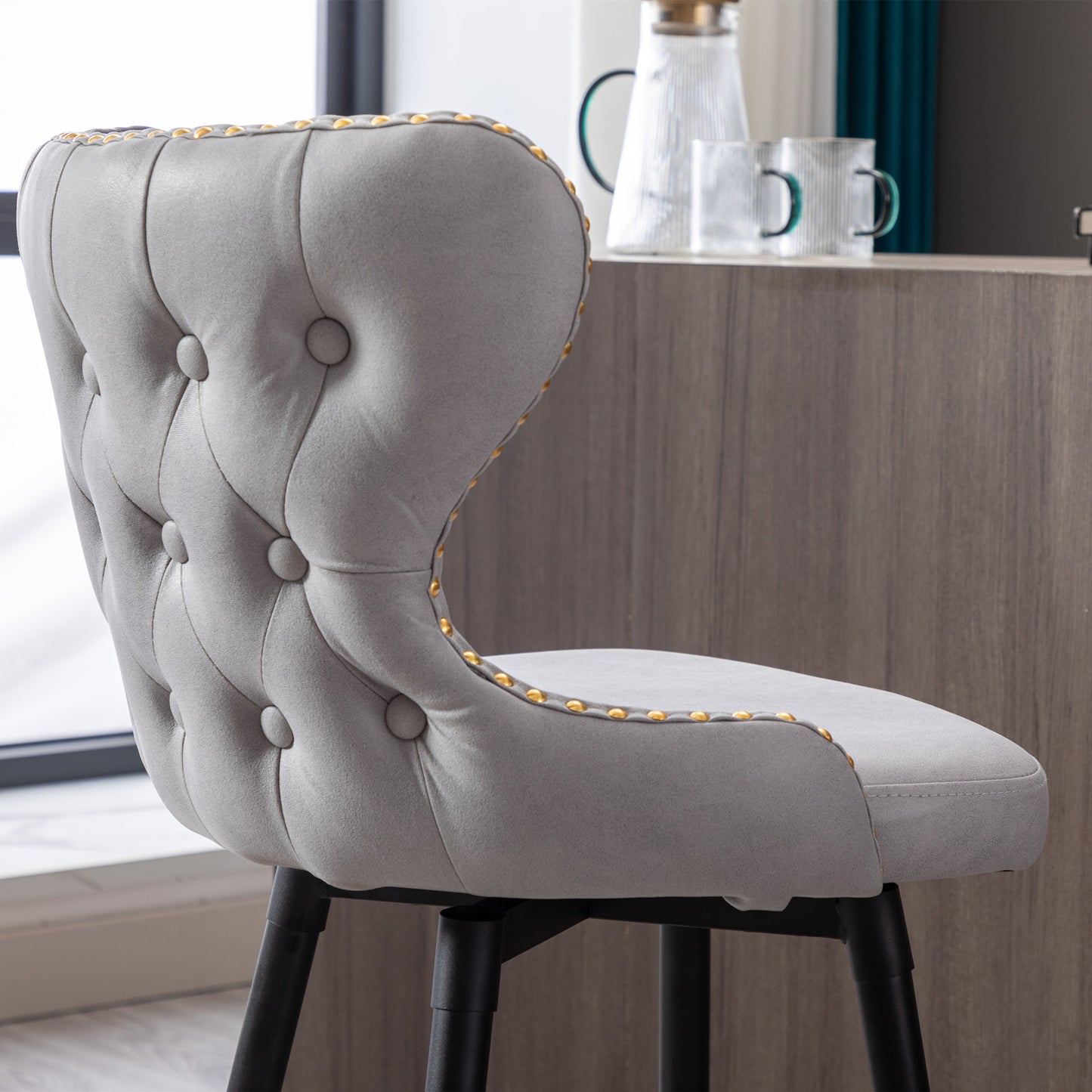 Amelia - Set of 2 – 25" Light Gray Counter Height Tufted Bar Stools with 180° Swivel, Gold Nailhead Trim, and Black Metal Legs