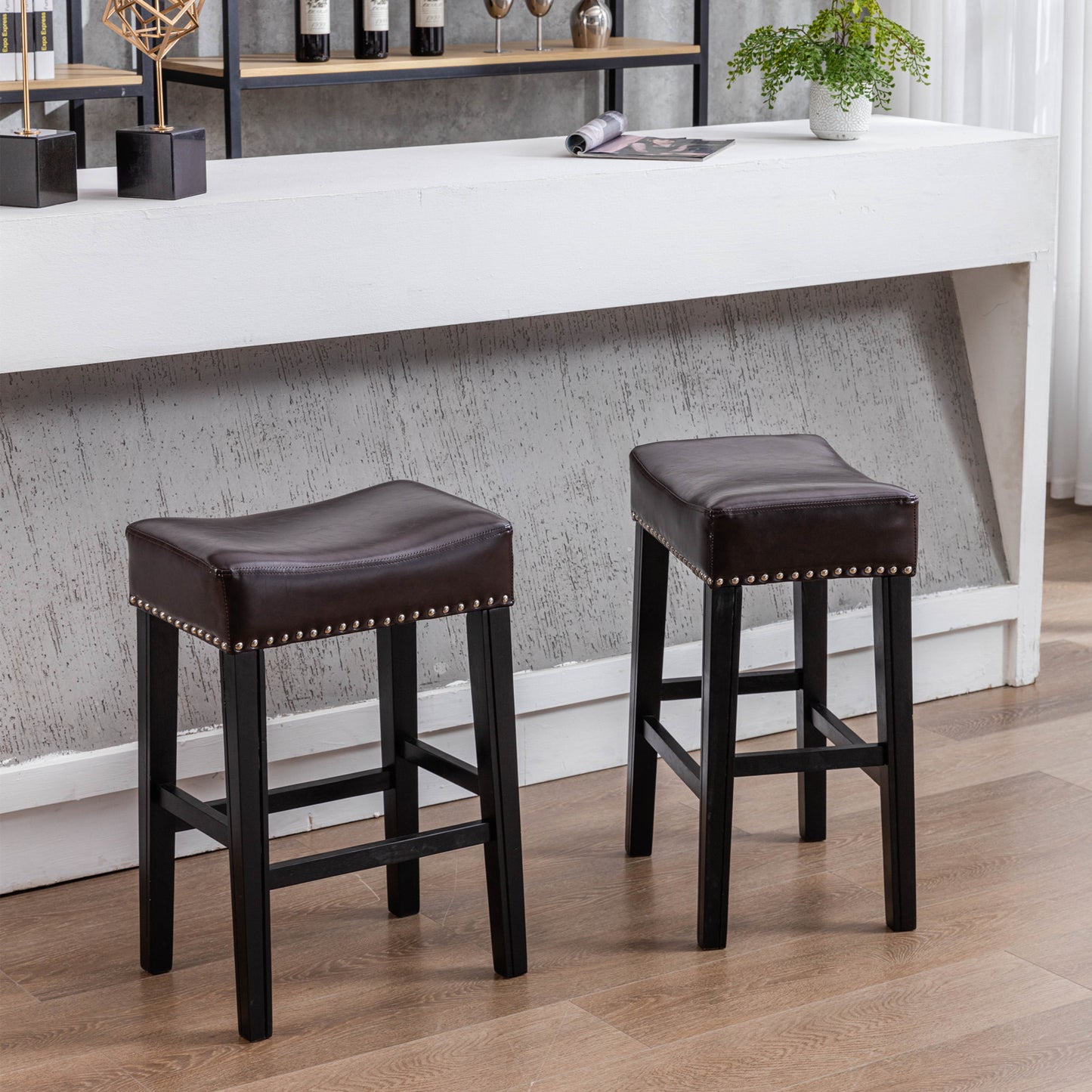 Darcell - Set of 2 - 26" Backless Counter Height Stools with Brown Faux Leather Seat and Black Solid Wood Legs