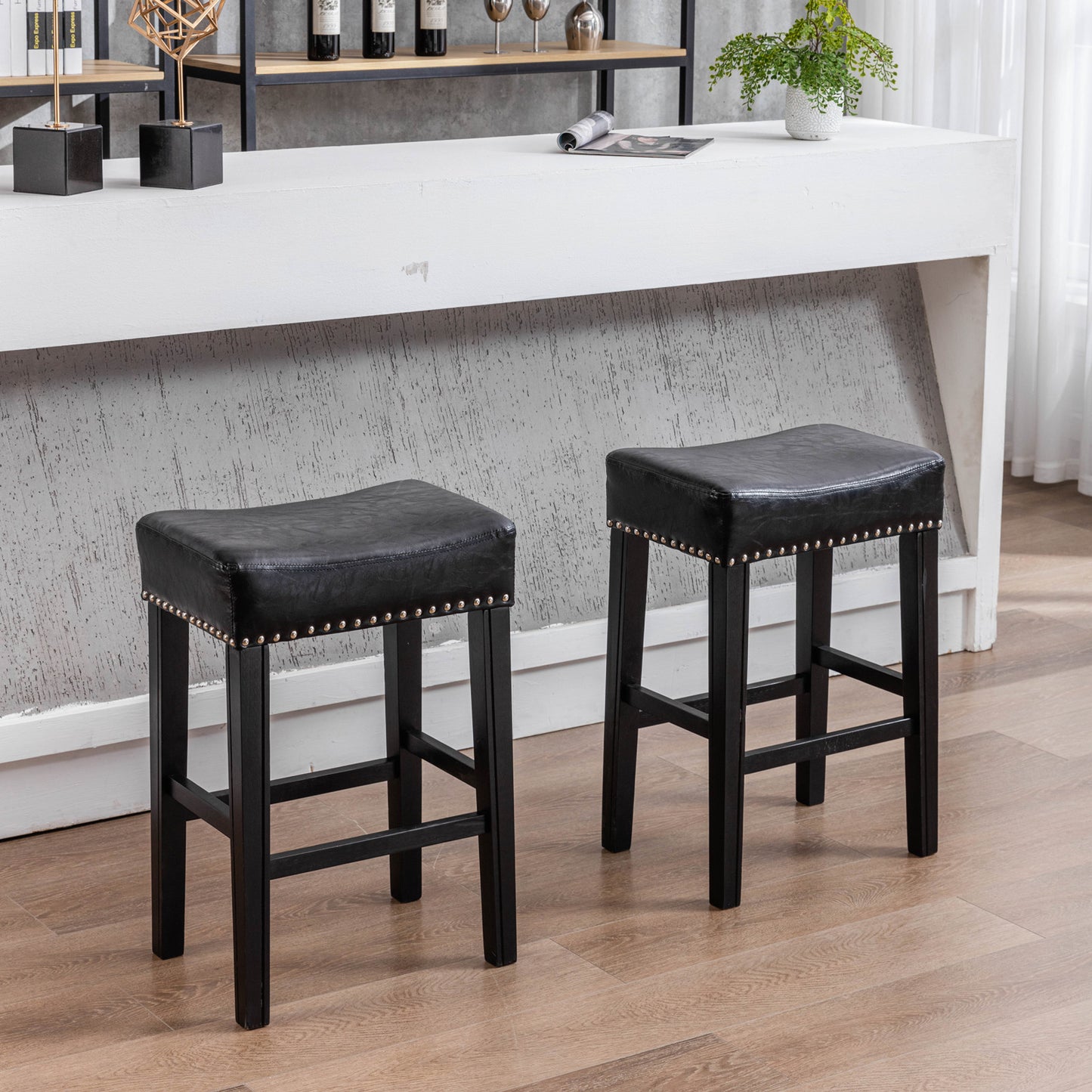 Moniler - Set of 2 - 26" Black Faux Leather Backless Bar Stools with Solid Wood Legs