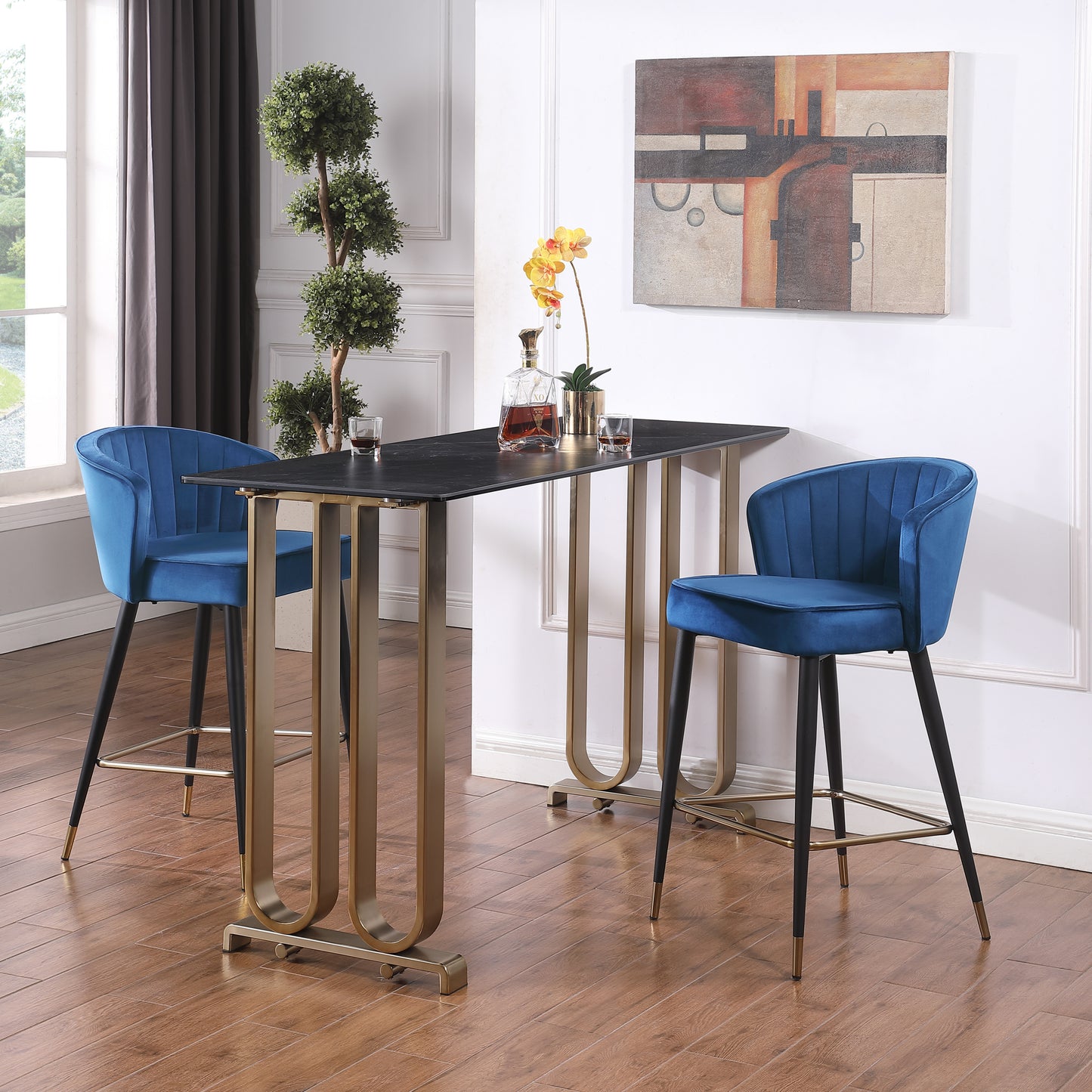 Marvelle - Set of 2 - 37" Contemporary Velvet Upholstered Counter Height Stools, Deep Channel Tufting & Gold Tipped Black Metal Legs, Blue