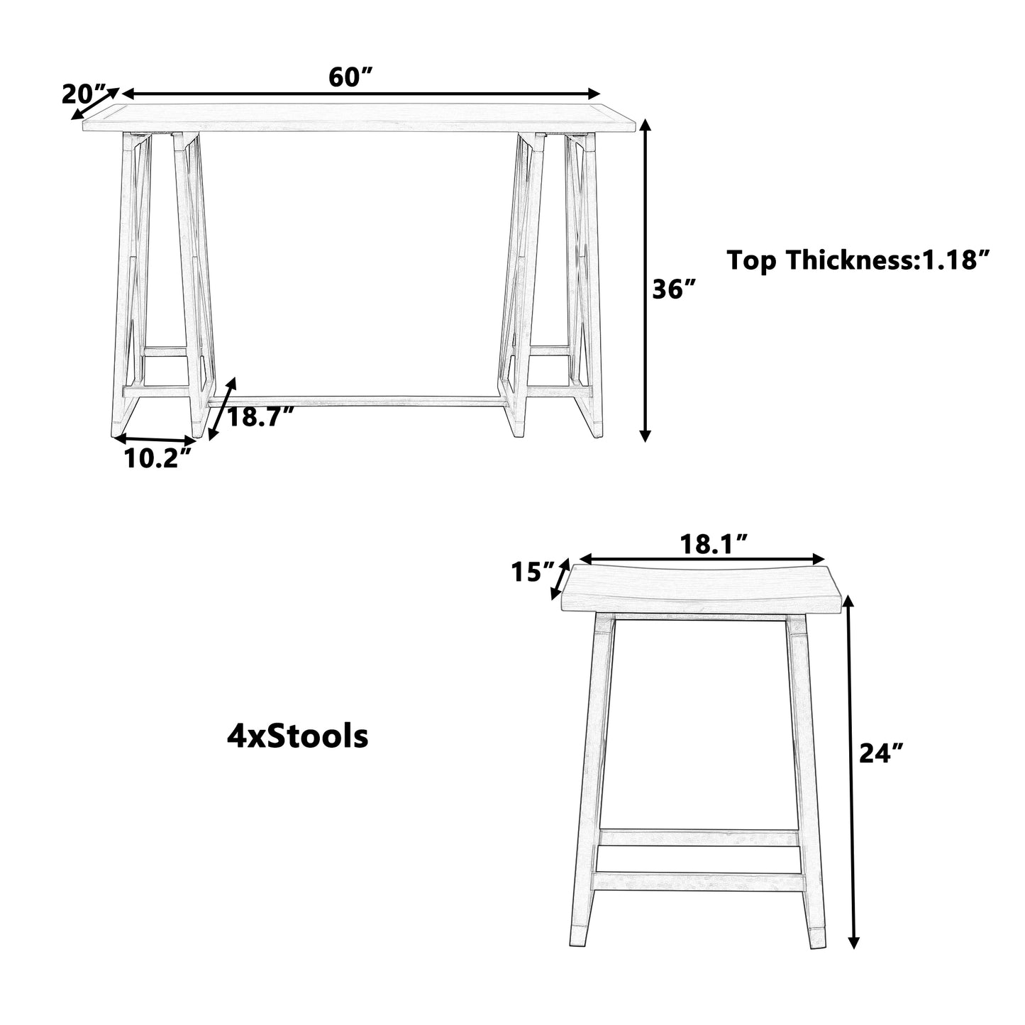 Kassian - Set of 5 - 24" Counter Height Dining Set with Solid Rubberwood, Gray Finish, and 4 Stools