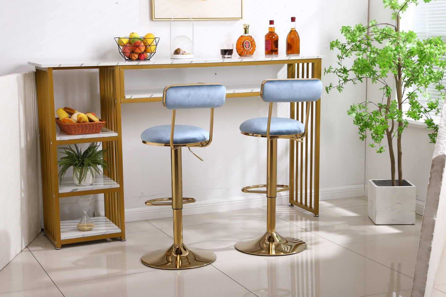 Imperia - Set of 2 - 24" to 30" Adjustable  Light Blue Velvet Bar Stools with Golden Steel Legs