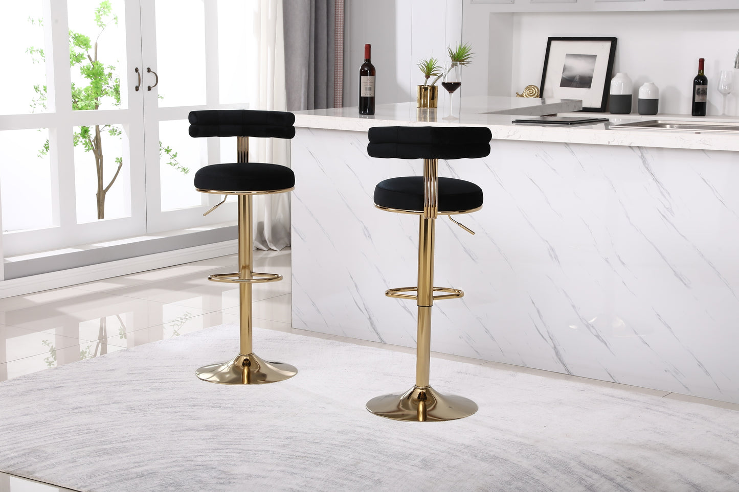 Hollis - Set of 2 - 26" Black Velvet Adjustable Counter & Bar Stools with Golden Iron Legs