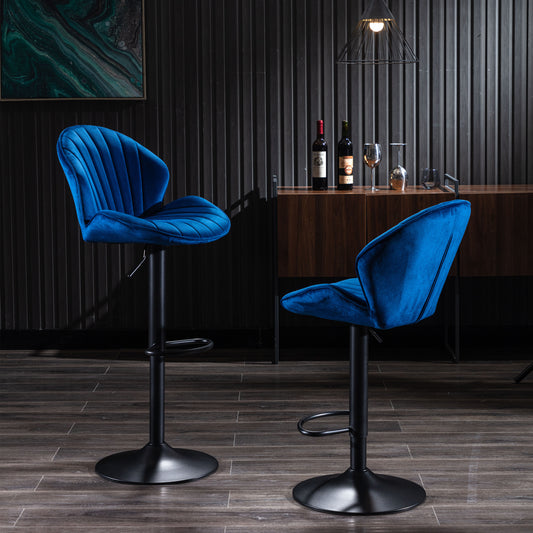 Molaris - Set of 2 - 30" Blue Velvet Adjustable Bar Stools with Backrest, Footrest, and Modern Design