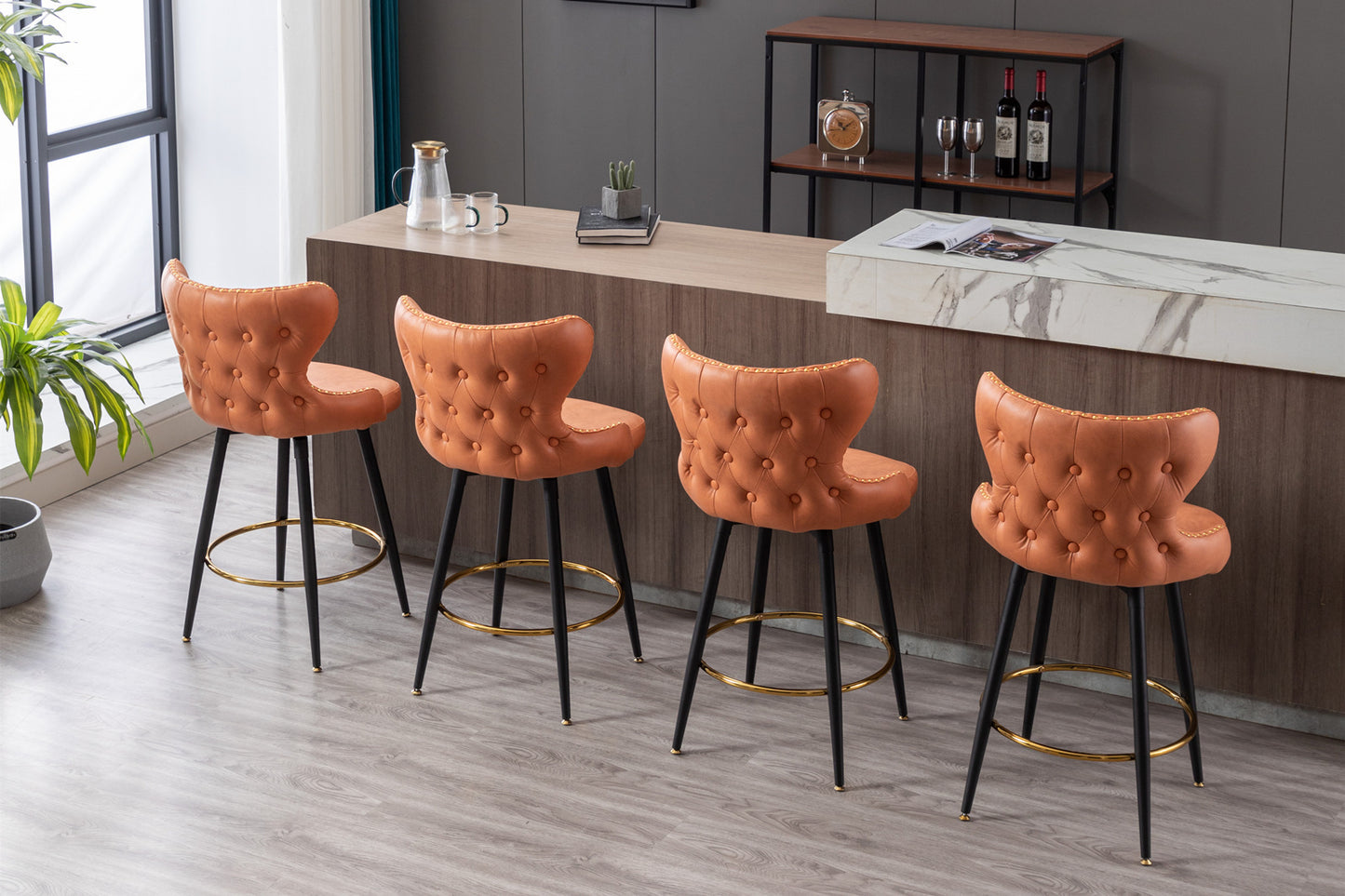 Vera - Set of 2 - Orange 25" Counter Height Swivel Bar Stools with Tufted Leathaire Fabric, Gold Nailhead Trim, and Black Metal Legs