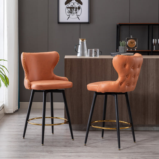 Vera - Set of 2 - Orange 25" Counter Height Swivel Bar Stools with Tufted Leathaire Fabric, Gold Nailhead Trim, and Black Metal Legs