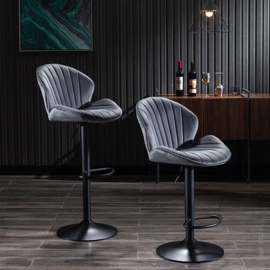 Victor - Set of 2 - 24-33" Adjustable Bar Stools with 19.49" Wide Grey Velvet Upholstery and Black Metal Base