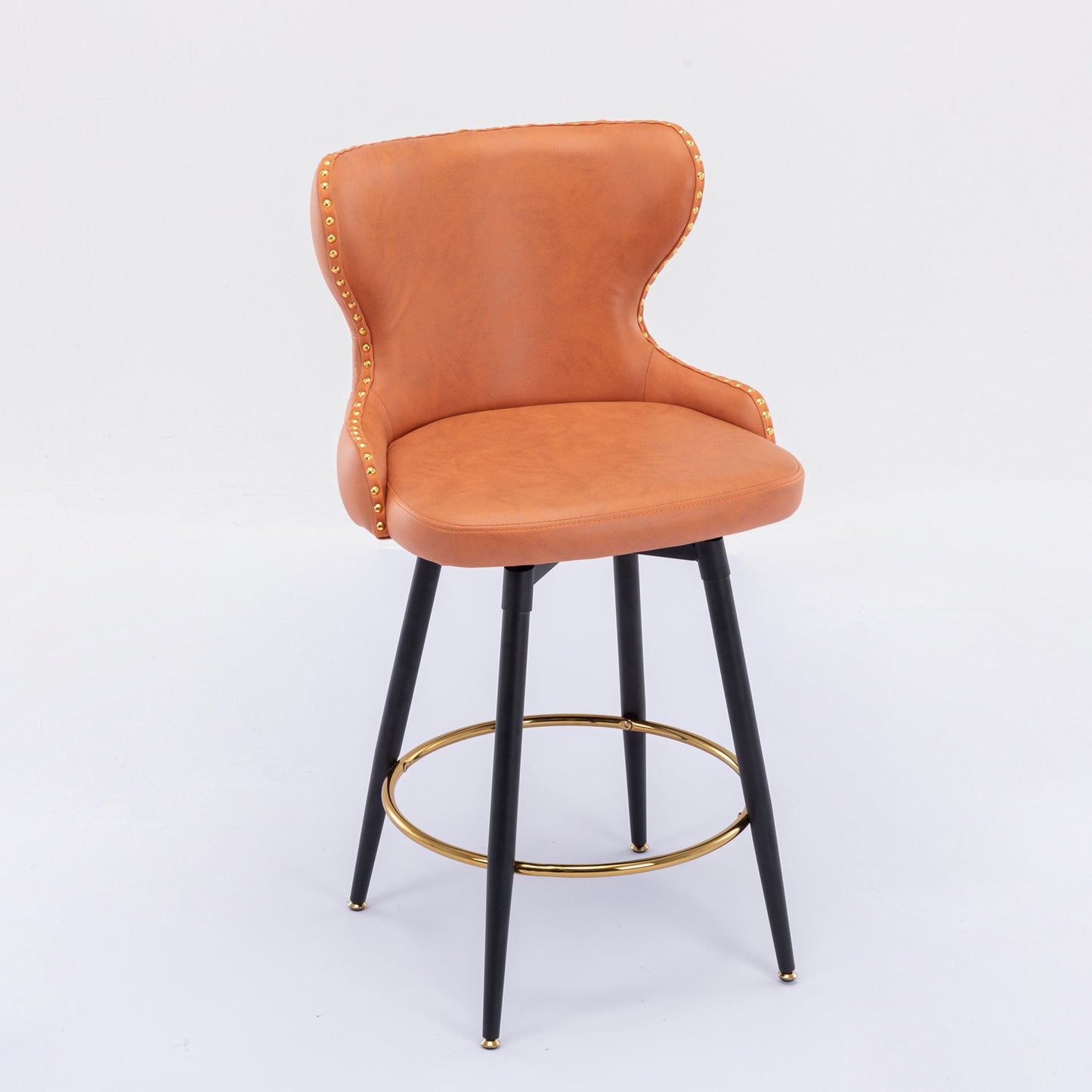 Vera - Set of 2 - Orange 25" Counter Height Swivel Bar Stools with Tufted Leathaire Fabric, Gold Nailhead Trim, and Black Metal Legs