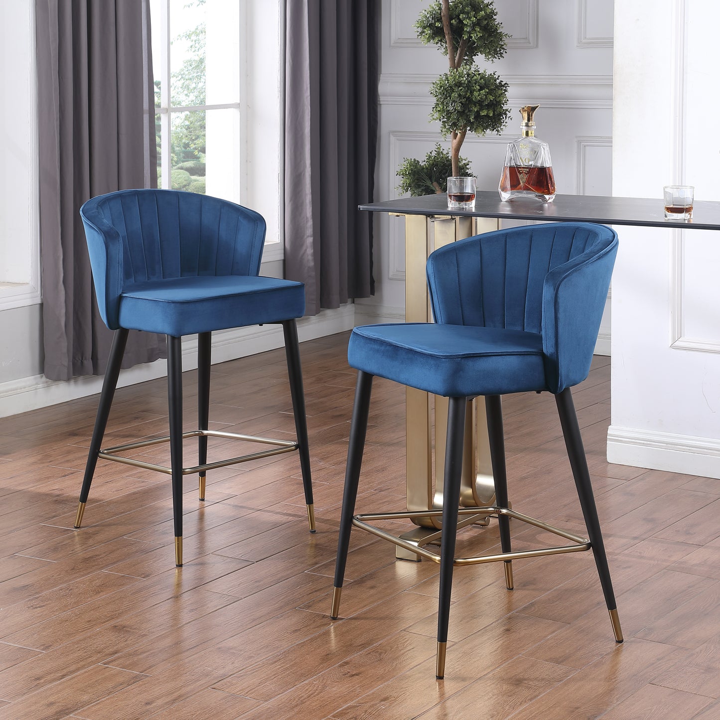 Marvelle - Set of 2 - 37" Contemporary Velvet Upholstered Counter Height Stools, Deep Channel Tufting & Gold Tipped Black Metal Legs, Blue