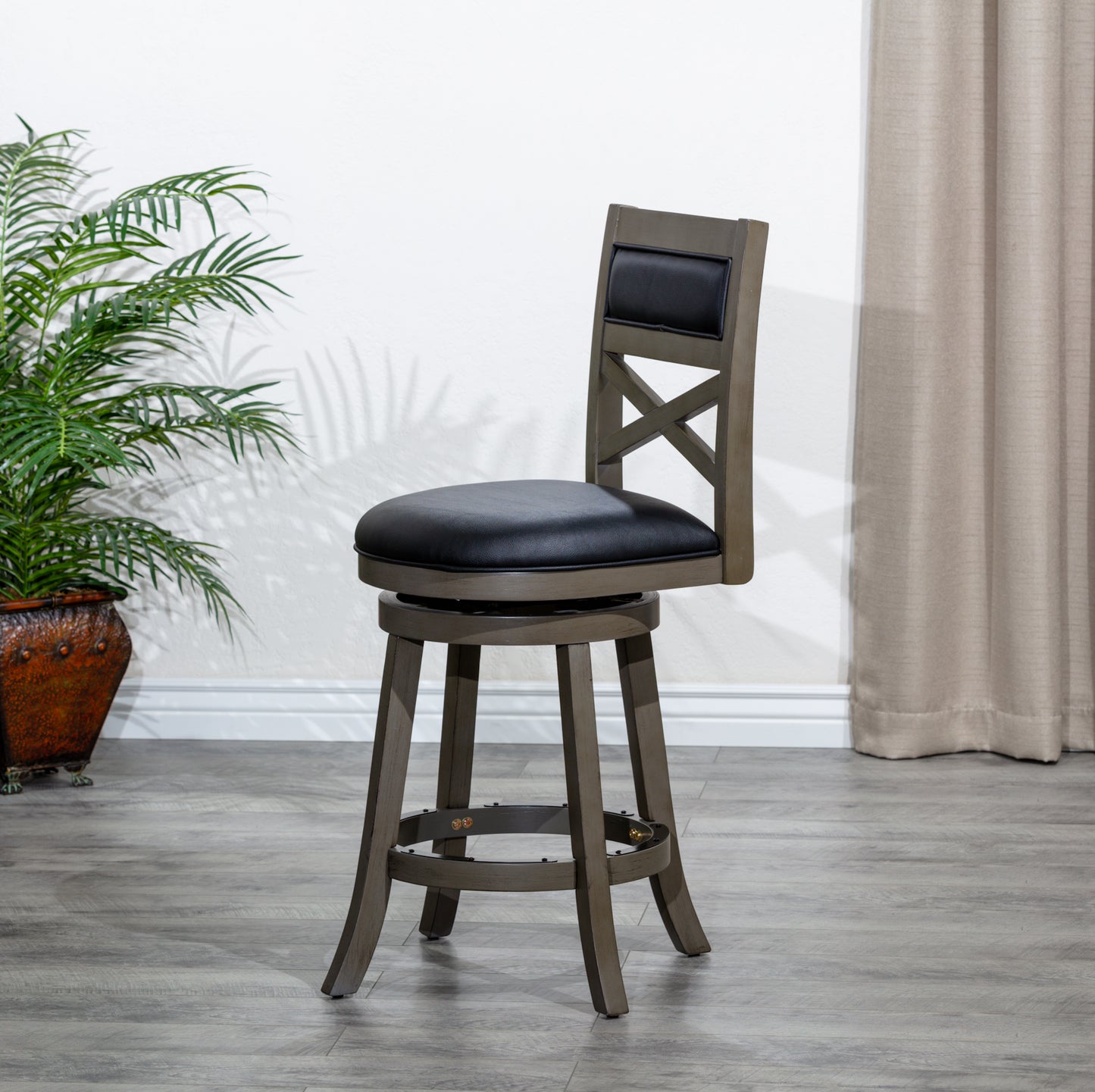 Saraya - Set of 2 - 24" Weathered Gray Counter Height Swivel Stools with Black Leather Seats