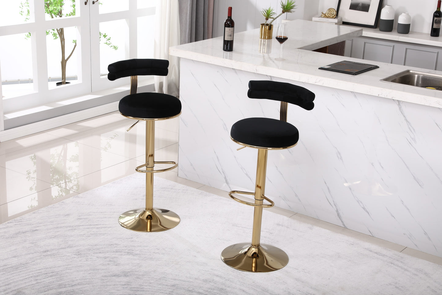 Hollis - Set of 2 - 26" Black Velvet Adjustable Counter & Bar Stools with Golden Iron Legs