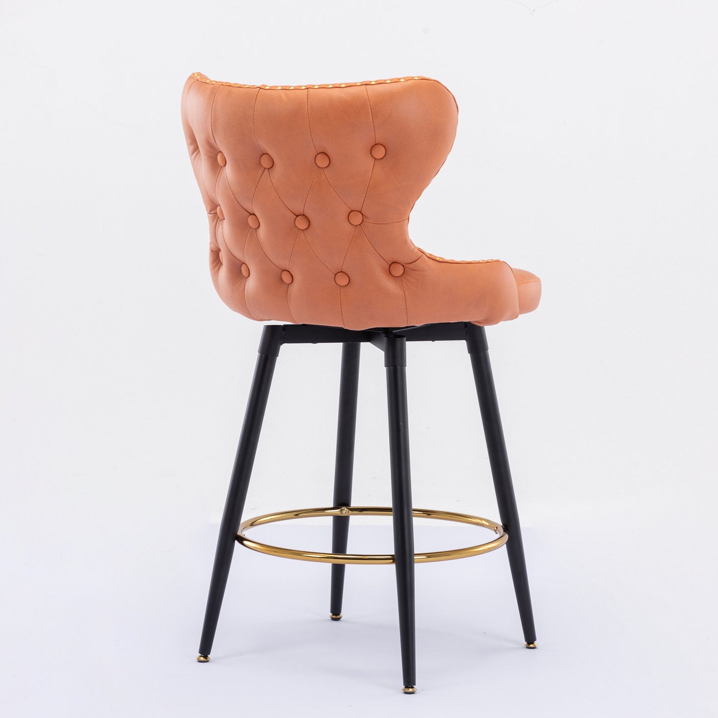 Vera - Set of 2 - Orange 25" Counter Height Swivel Bar Stools with Tufted Leathaire Fabric, Gold Nailhead Trim, and Black Metal Legs