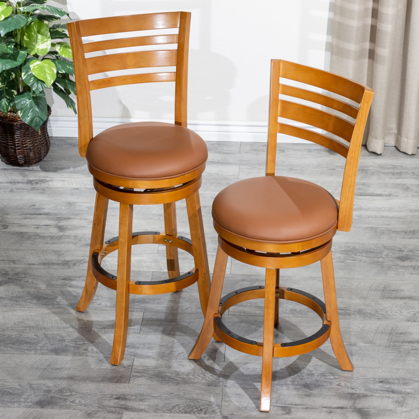 Samira – Set of 2 – 24" Swivel Counter Stools with Natural Finish and Saddle Leather Seats