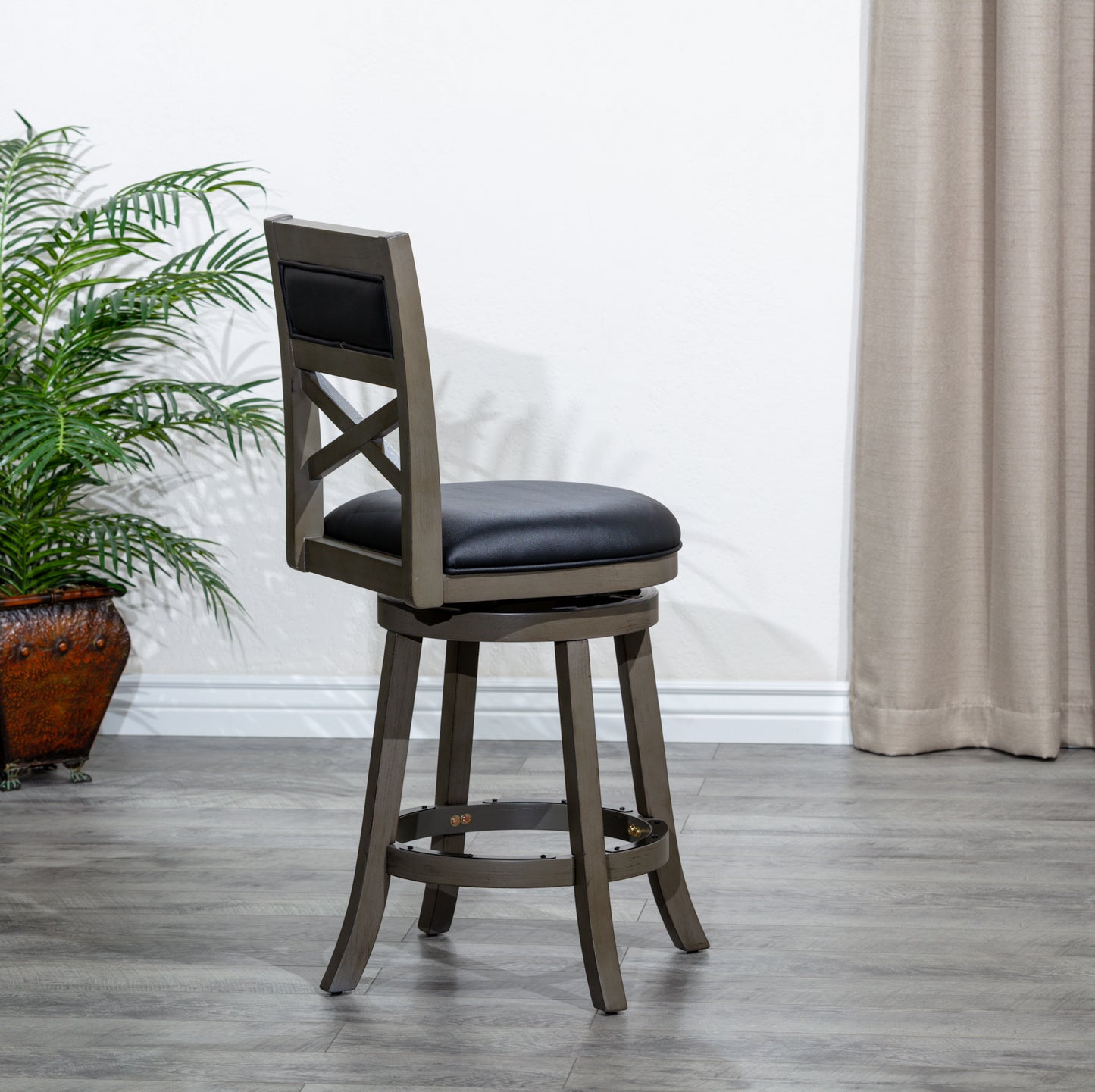 Saraya - Set of 2 - 24" Weathered Gray Counter Height Swivel Stools with Black Leather Seats